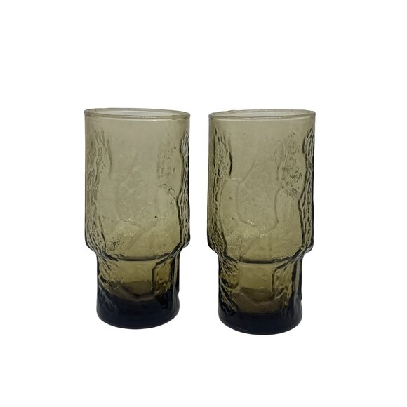 VTG Libbey Smoked Brown Textured Glass Tumblers Set 2 - 6" MCM Barkware Drinking - Picture 1 of 6